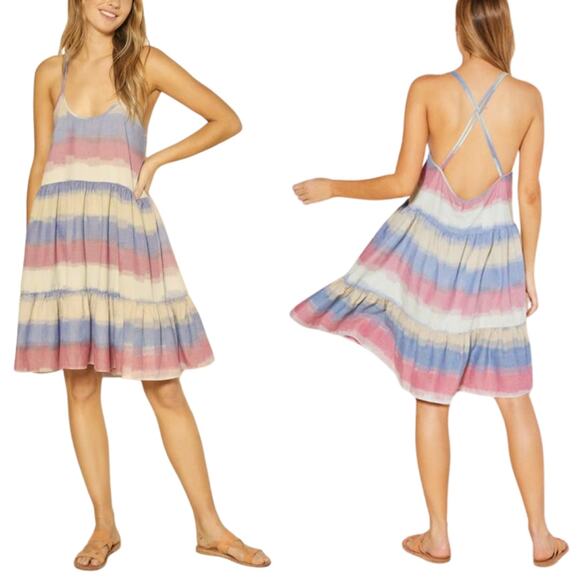 Outerknown Dress Womens Medium Blue Pink Cielo Striped Mini Swing Cotton Hippie - Picture 1 of 11